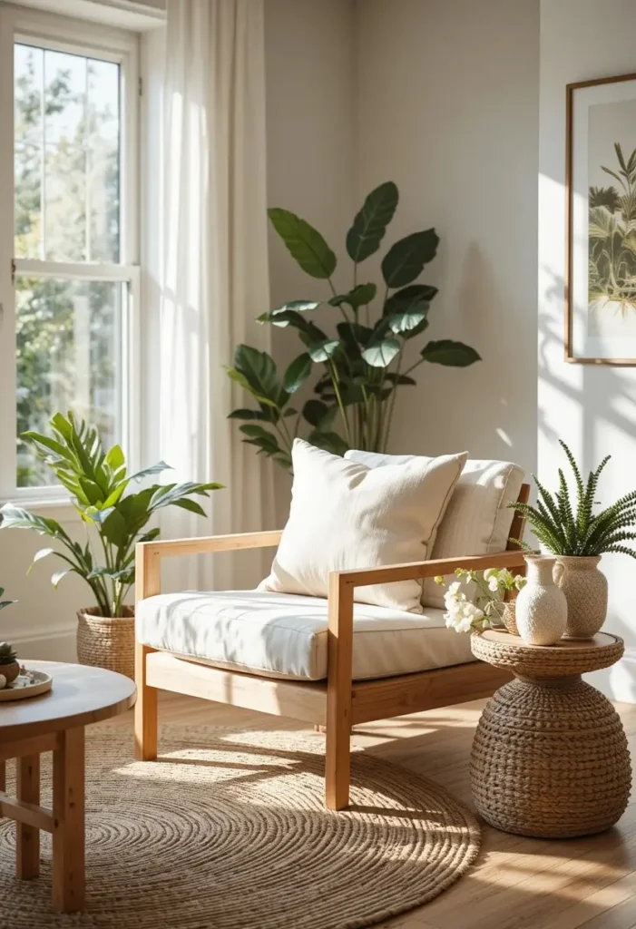 Wooden frame accent chair with natural organic living room decor.