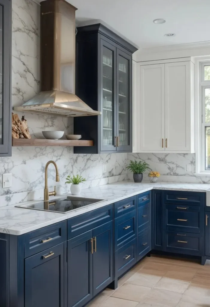 Two-tone U shaped kitchen with navy and white cabinets and marble island.