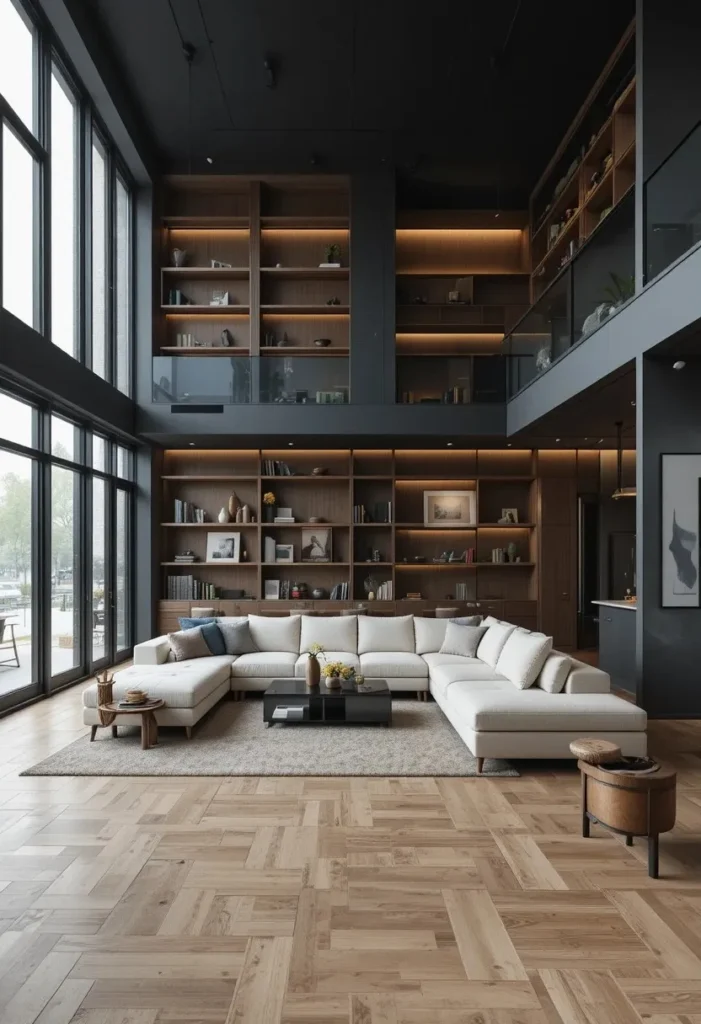 Black and wood open-concept living room and kitchen design