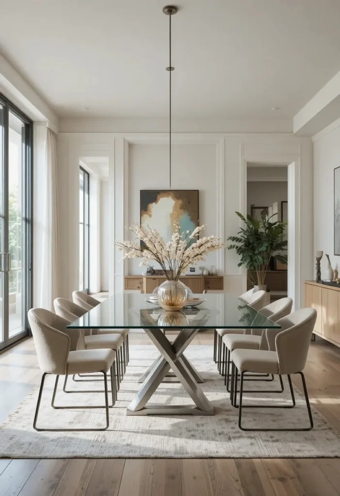 Glass dining table making the dining space feel light and open