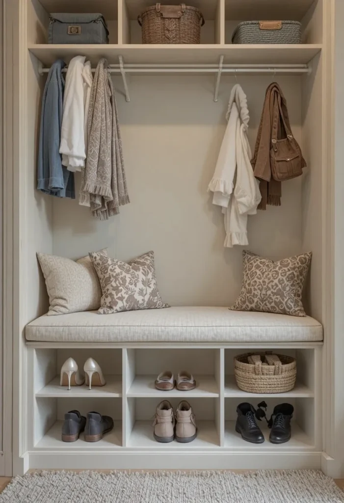 Built-in closet bench with shoe storage underneath and cozy seating area