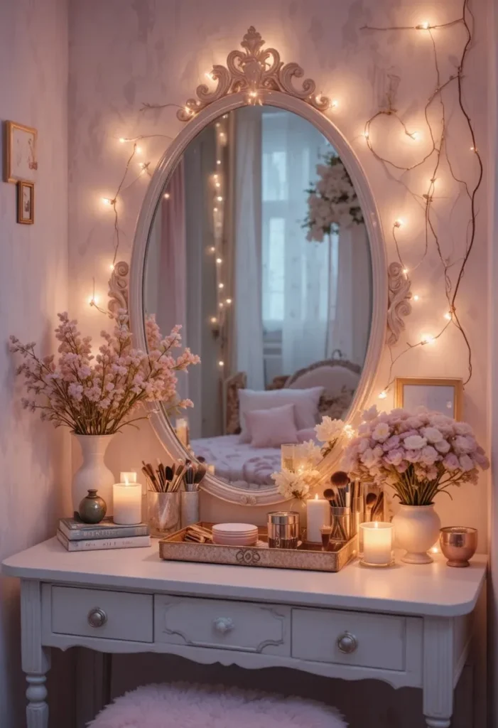 Vanity mirror corner creating a stylish personal space for morning routines in a cozy bedroom.