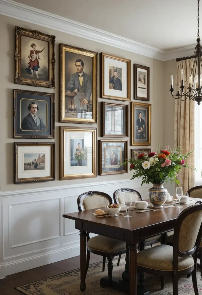 Dining room with mixed frame gallery wall and layered cozy decor.