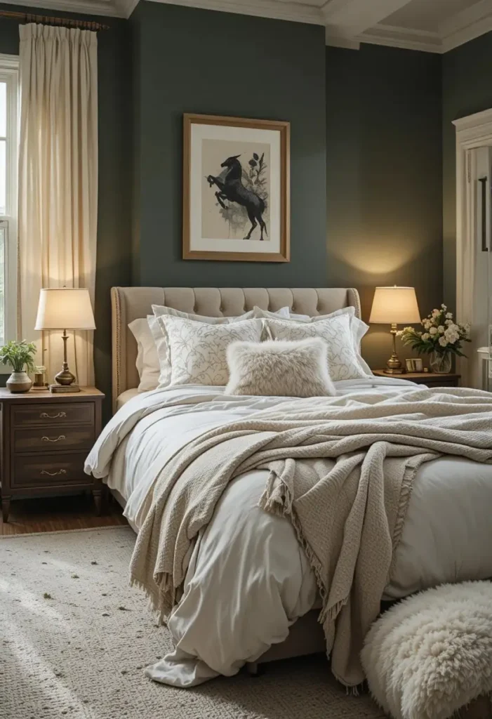 Dark green bedroom walls with soft neutral bedding and warm lighting creating a cozy and elegant atmosphere