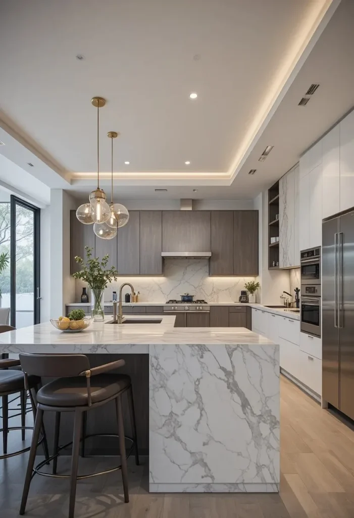 Modern kitchen with double-level island for dining and prep