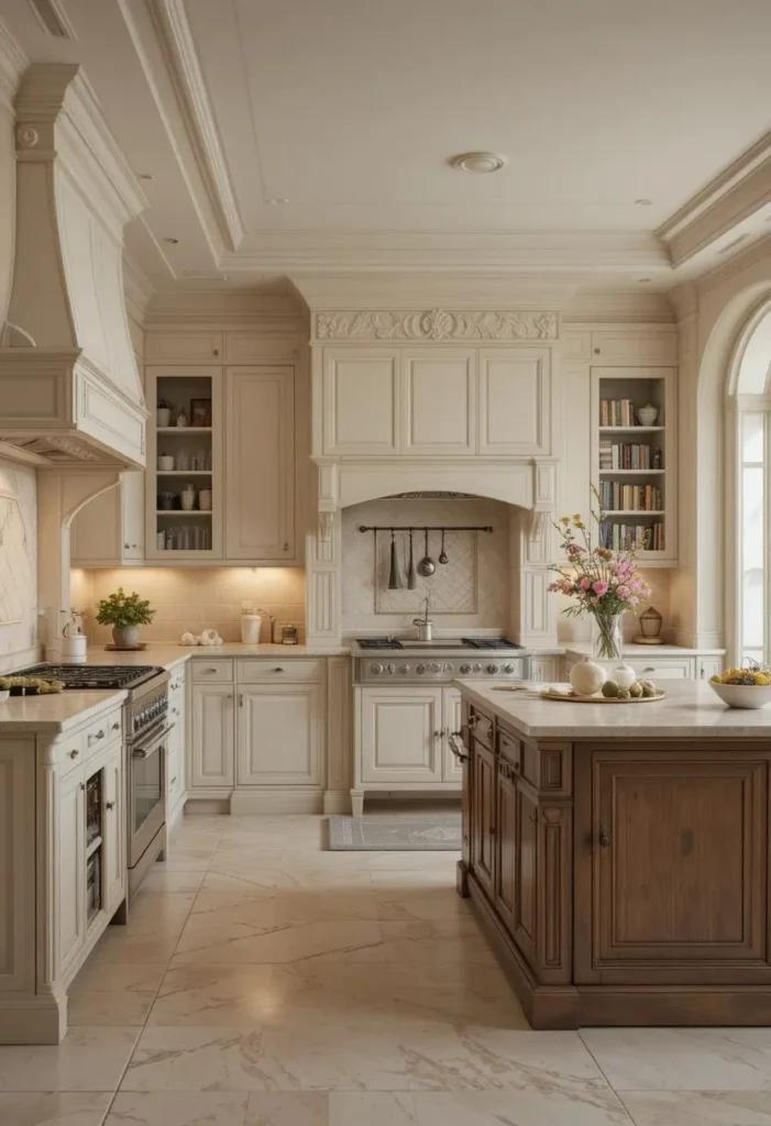 Neutral kitchen with timeless wooden island and warm elegant design.