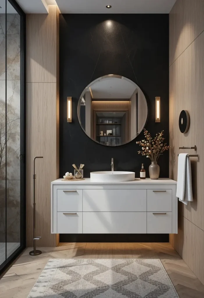 Bathroom with black accent wall behind vanity