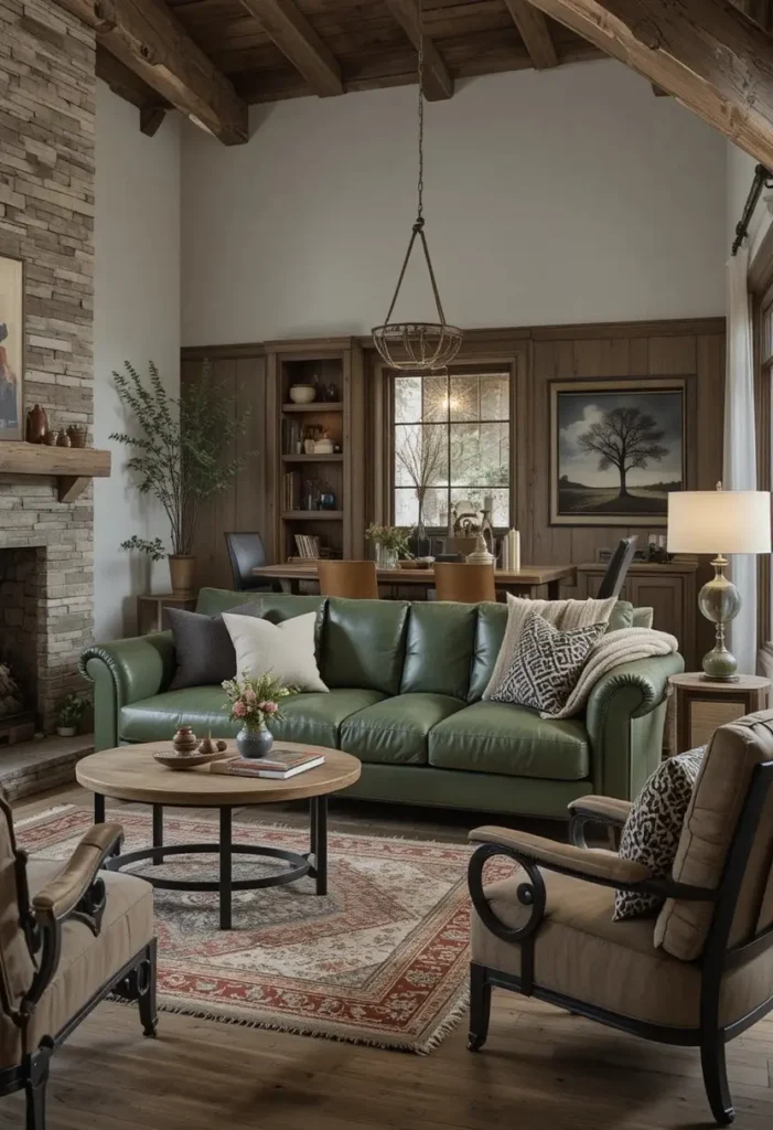 Modern rustic living room with green leather couch