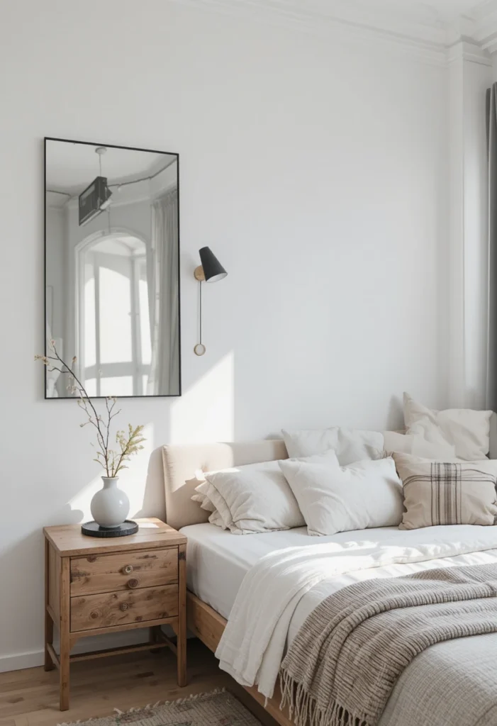 Black frame mirror adding contrast and structure to a clean modern bedroom design.