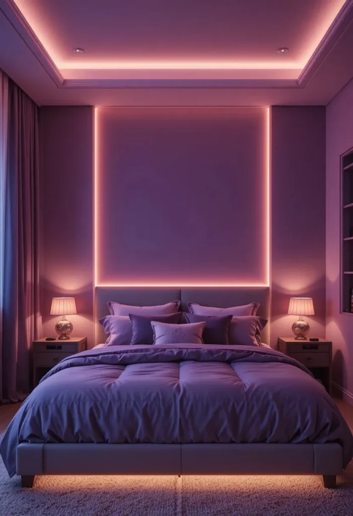 Purple bedroom with warm layered ambient lighting