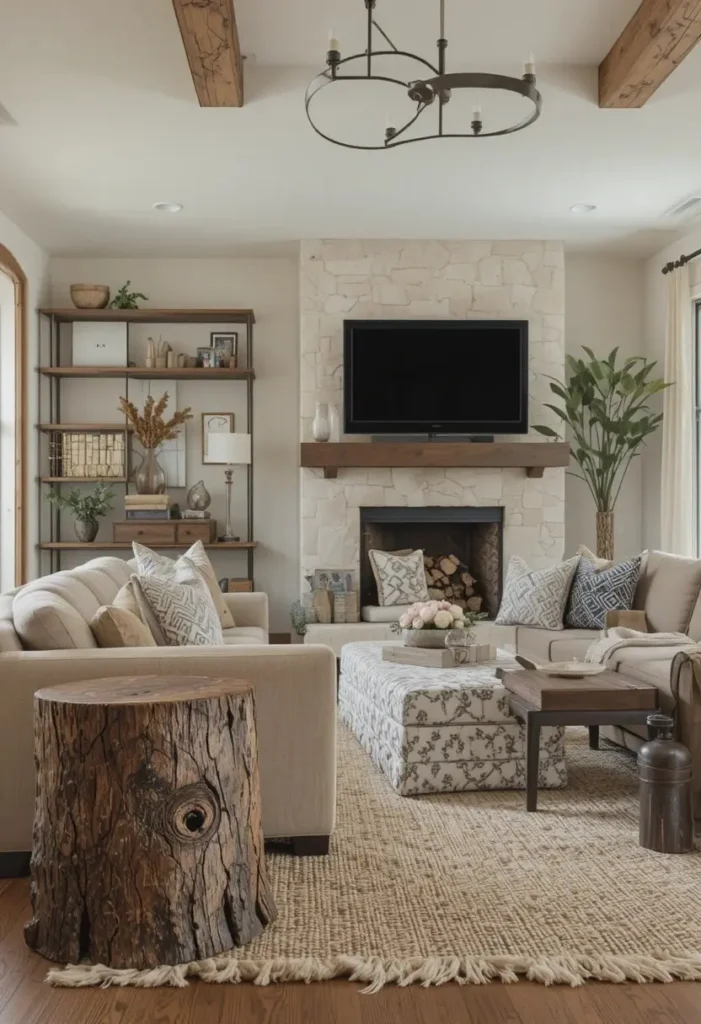 Rustic wood stump side table in a cozy living room