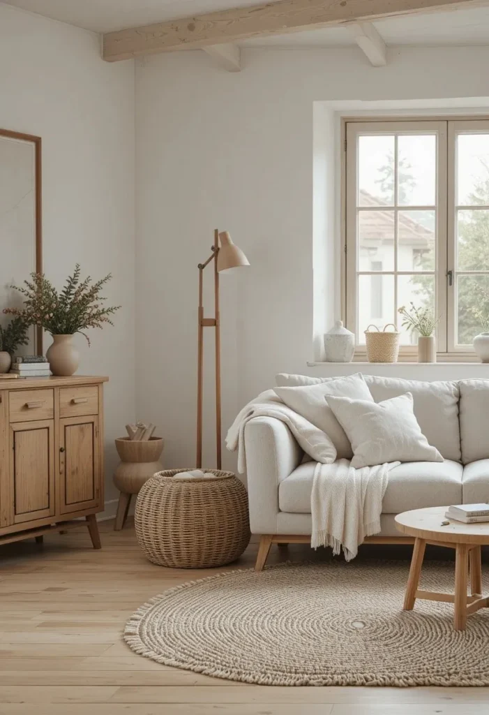 Wooden floor lamp in a warm neutral Scandinavian-style living room.