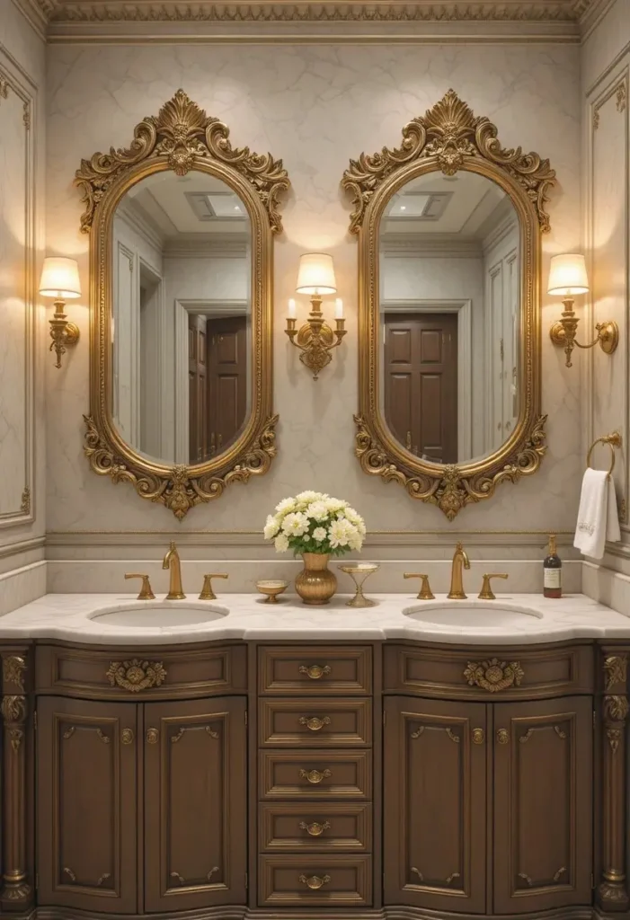 Vintage-style double sink bathroom with antique details and classic charm.