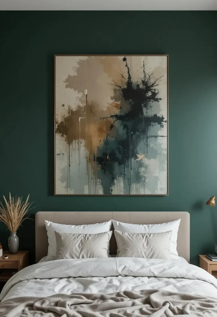 Dark green bedroom wall with statement artwork creating a stylish focal point