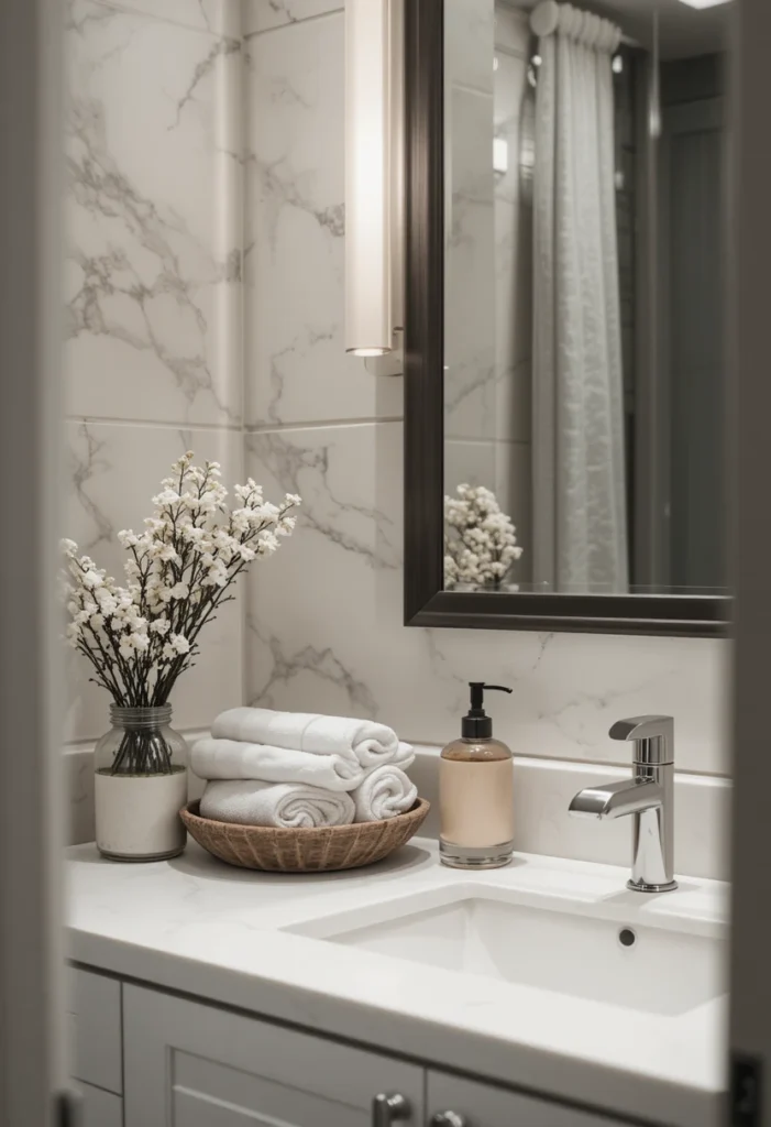 Minimalist guest bathroom countertop with clean and clutter-free styling.