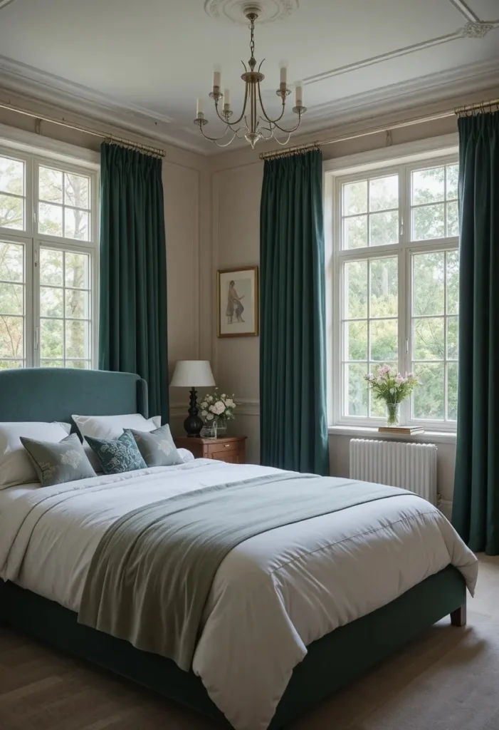 Dark green curtains adding depth and softness to a bright bedroom