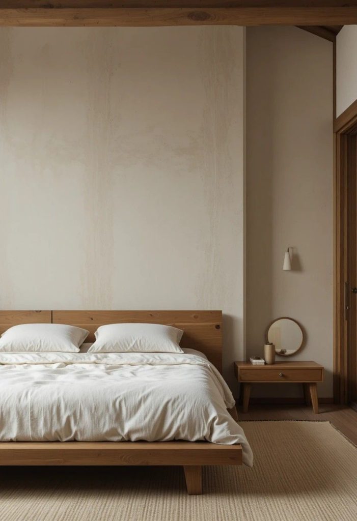 Warm white limewash accent wall with soft tonal variation behind a low oak bed in a Japandi bedroom.