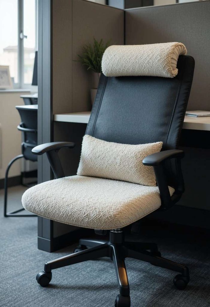 Cream boucle seat cushion and matching lumbar pillow on a black office chair at a cubicle desk