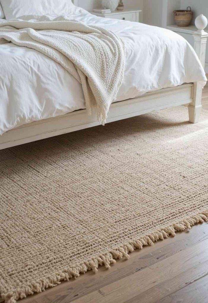 Large jute rug layered with a soft white cotton rug under a whitewashed wood bed in a coastal bedroom.