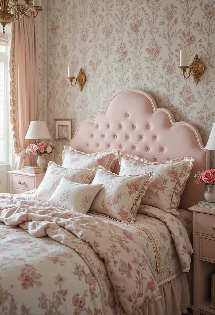 Whimsical bedroom with soft pink scalloped headboard, vintage floral bedding, and brass scalloped wall sconces.