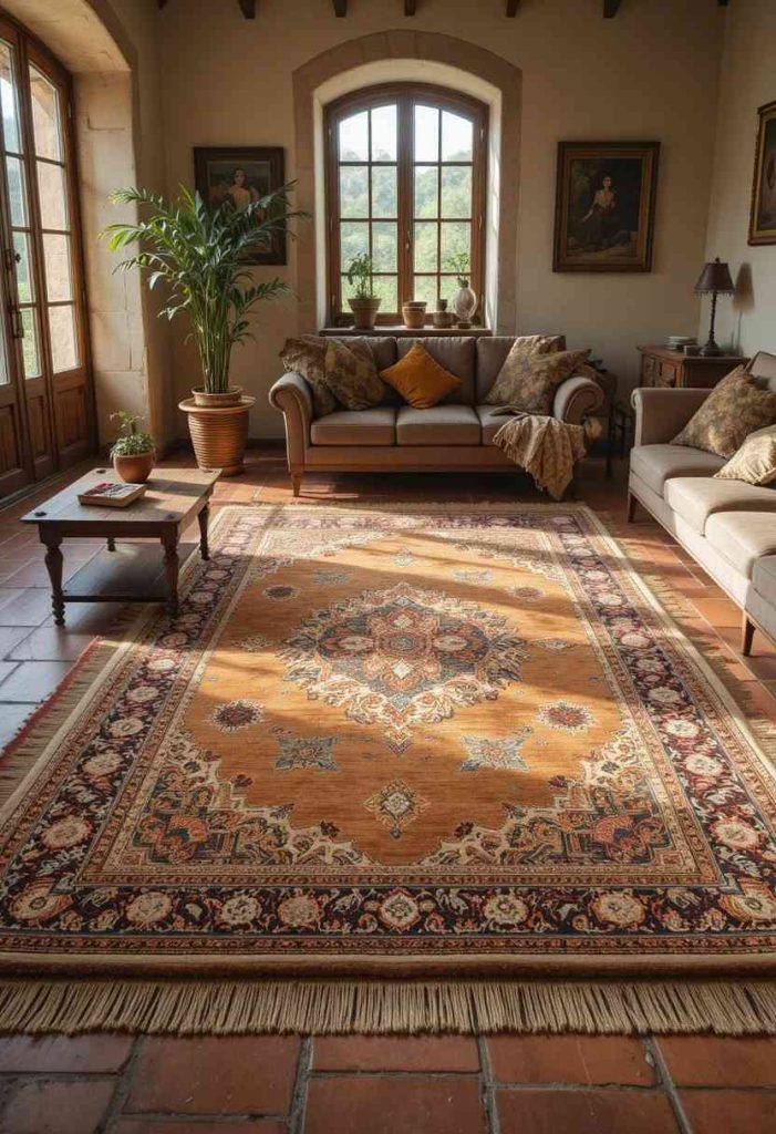 Tuscan living room with a faded vintage Persian rug in rust and gold tones layered over jute on terracotta tile flooring.