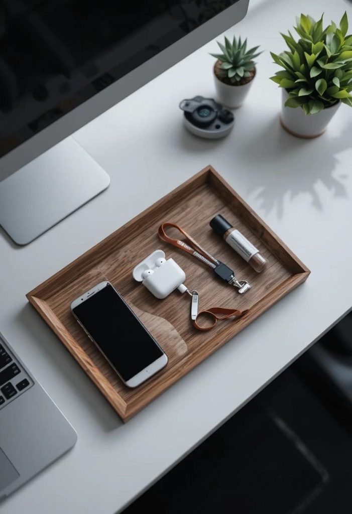 Walnut wooden tray on an office desk holding a phone, earbuds case, lip balm, hand cream, and an ID badge lanyard