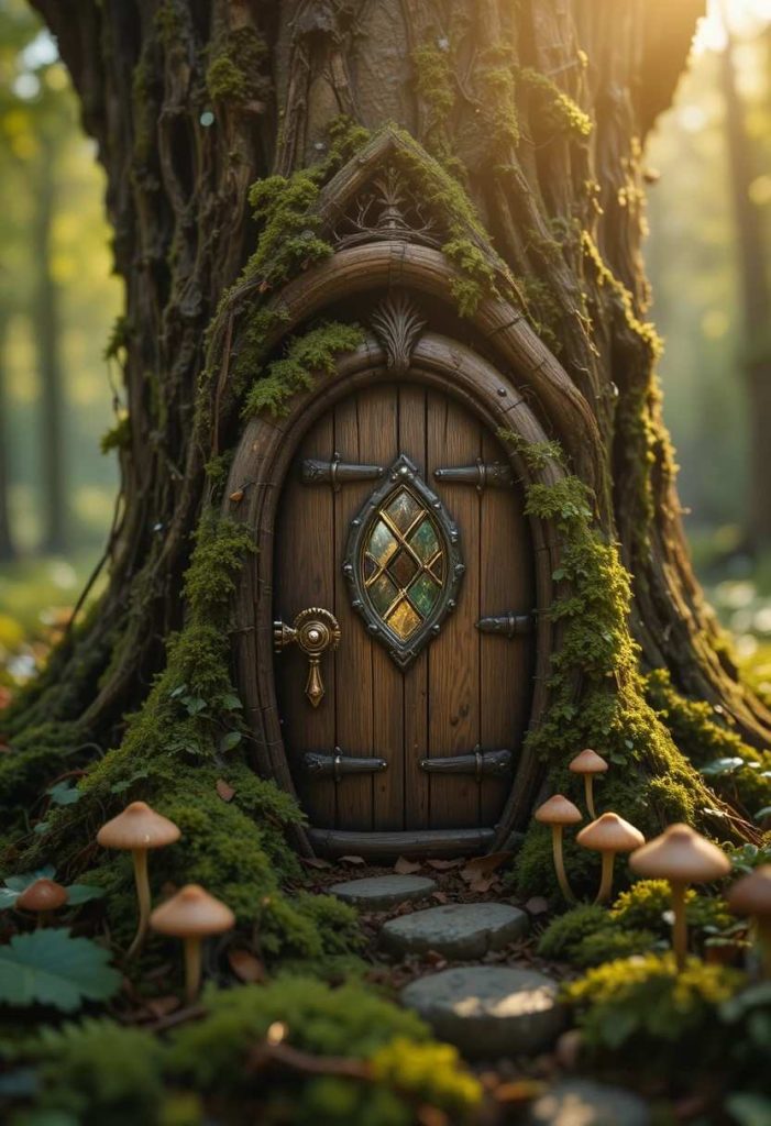 Miniature wooden fairy door with brass knob mounted at the base of a mossy oak tree surrounded by ferns