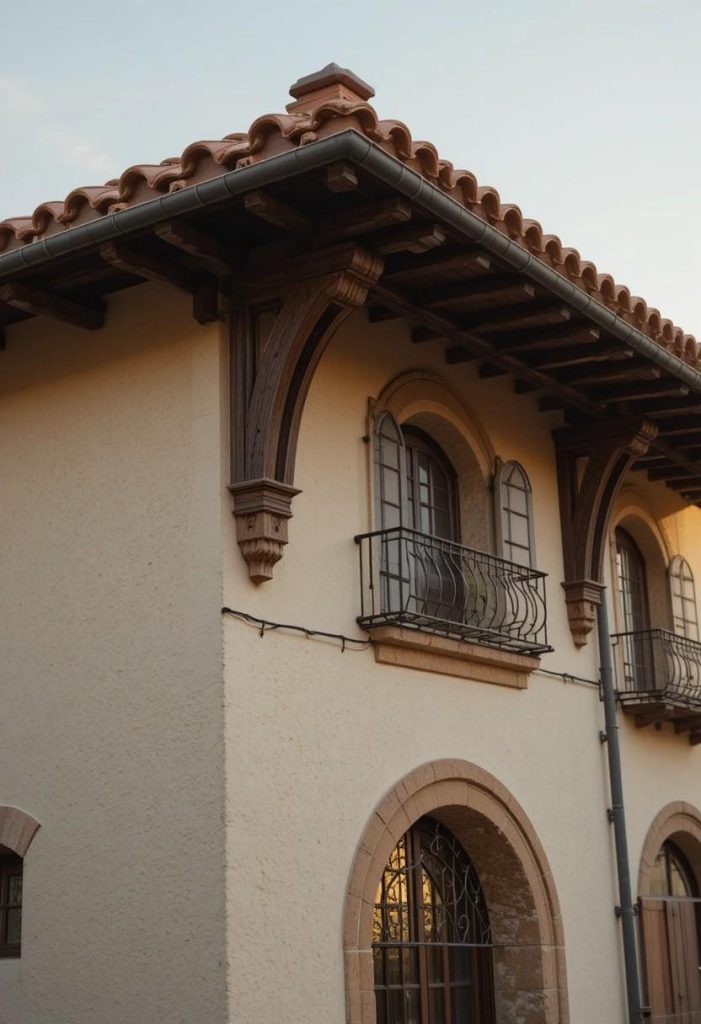 Low-pitched hip Tuscan roof with terracotta tiles, deep overhangs, exposed wood rafter tails, and cream stucco walls in sunset light.