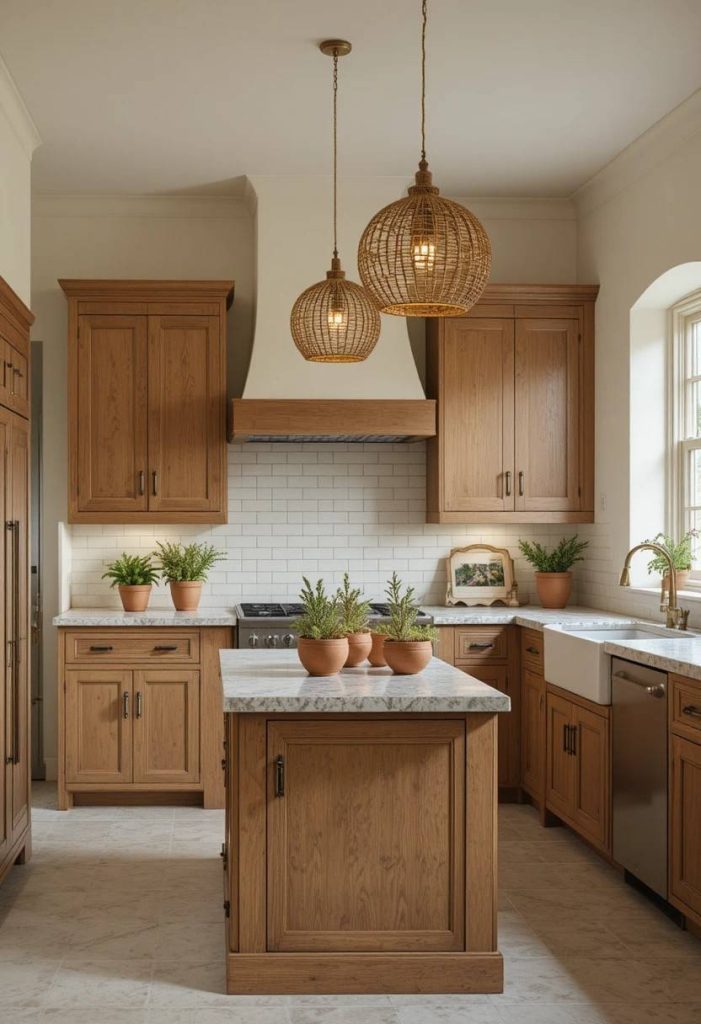 Small New Tuscan kitchen with cream walls, refaced oak cabinets, brass hardware, limestone counters, zellige backsplash, and pendant lights.
