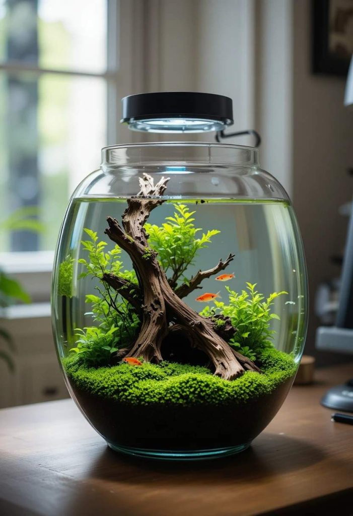 Nano planted aquarium with driftwood and chili rasboras as a peaceful desk setup