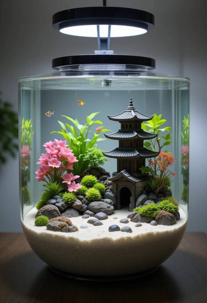 Small Japanese themed aquarium with a ceramic pagoda surrounded by pebbles and moss