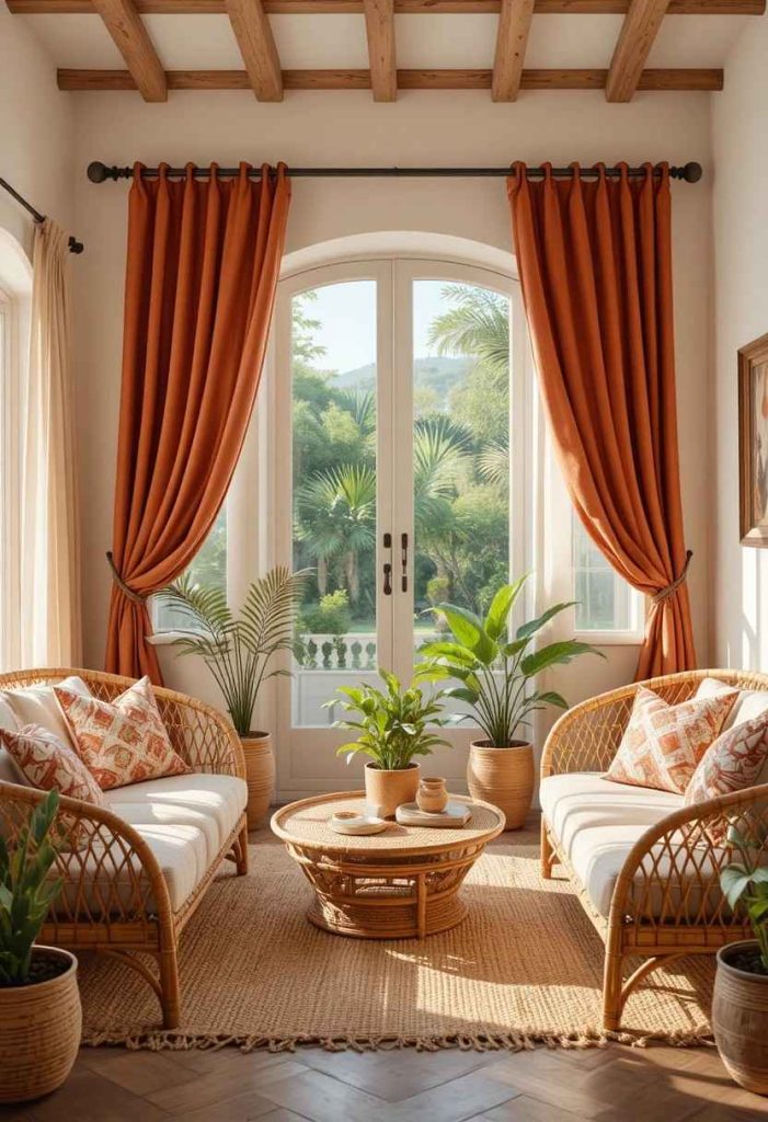 Rust terracotta linen curtains in a Mediterranean boho living room with rattan furniture and jute rug