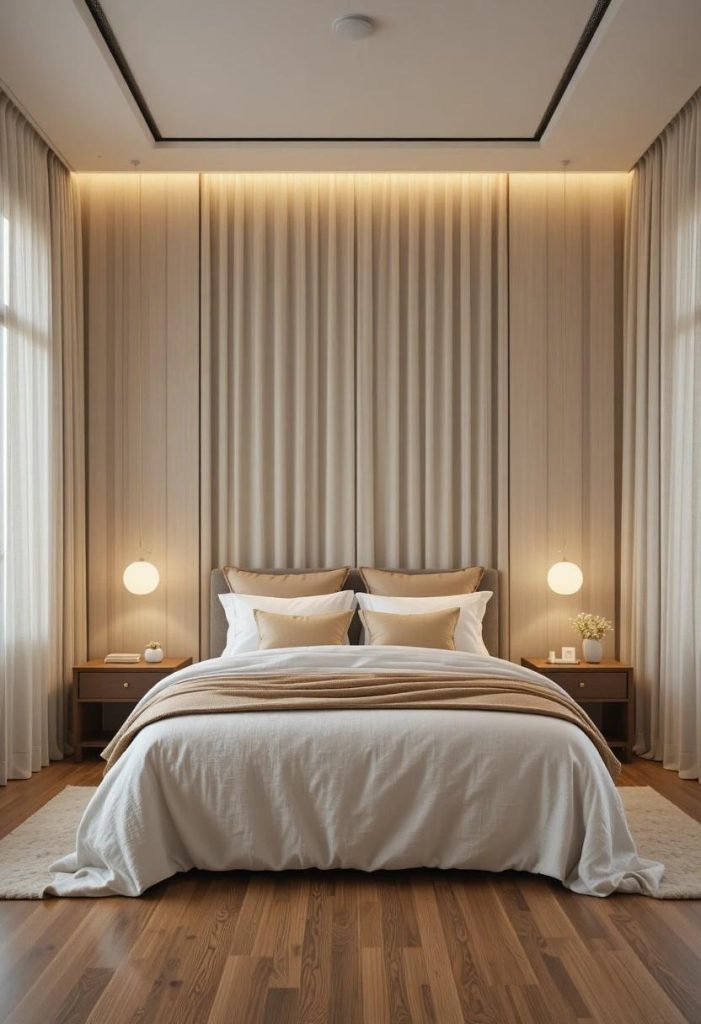 Warm white linen floor-to-ceiling curtains with blackout lining in a serene modern bedroom with natural textured bedding