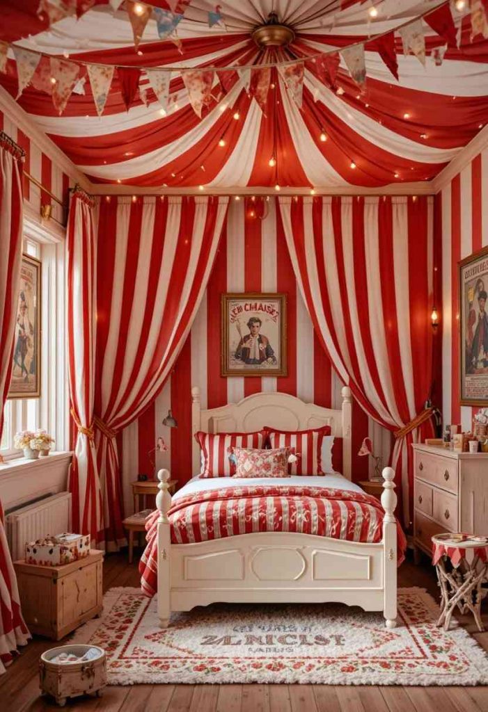 Vintage circus themed kids room with red and white striped curtains, pennant bunting, circus poster art and Edison bulb string lights