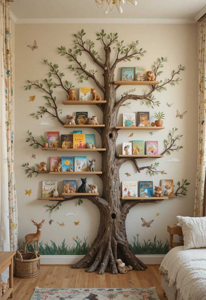 DIY tree branch bookshelf mounted on wall with small ledge shelves and woodland figurines in an enchanted whimsical kids room