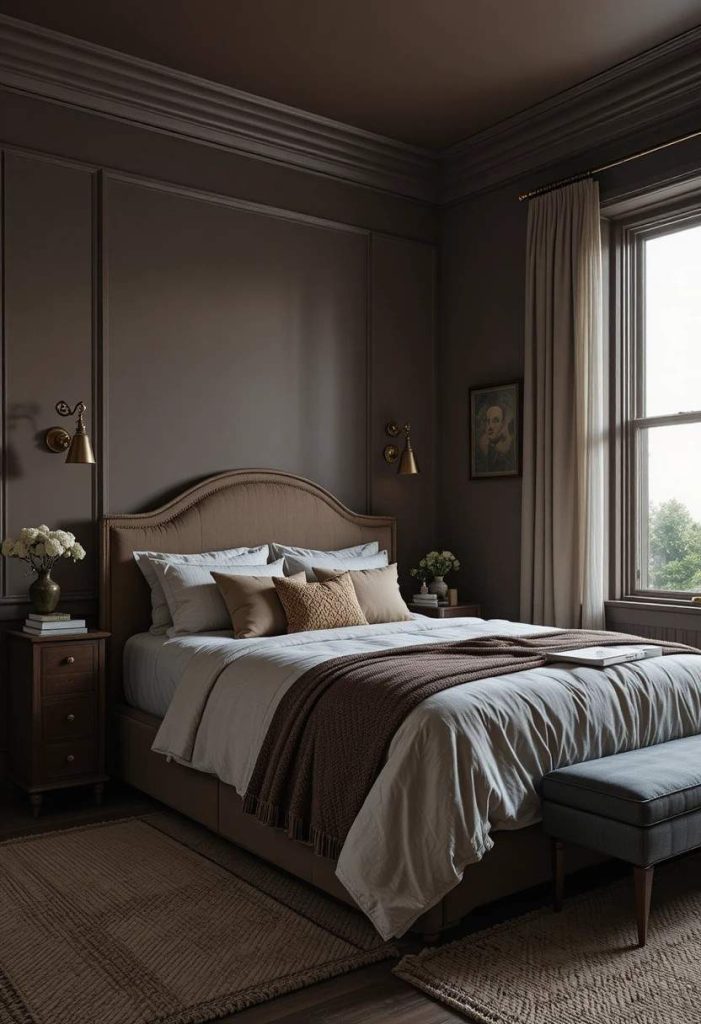 Color-drenched bedroom in deep mocha taupe walls and ceiling with cream bedding