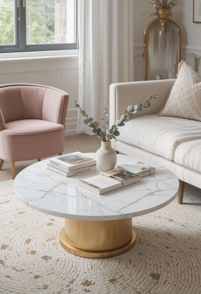 Round marble coffee table with brass base in a small living room with curved cream sofa and pink chair.