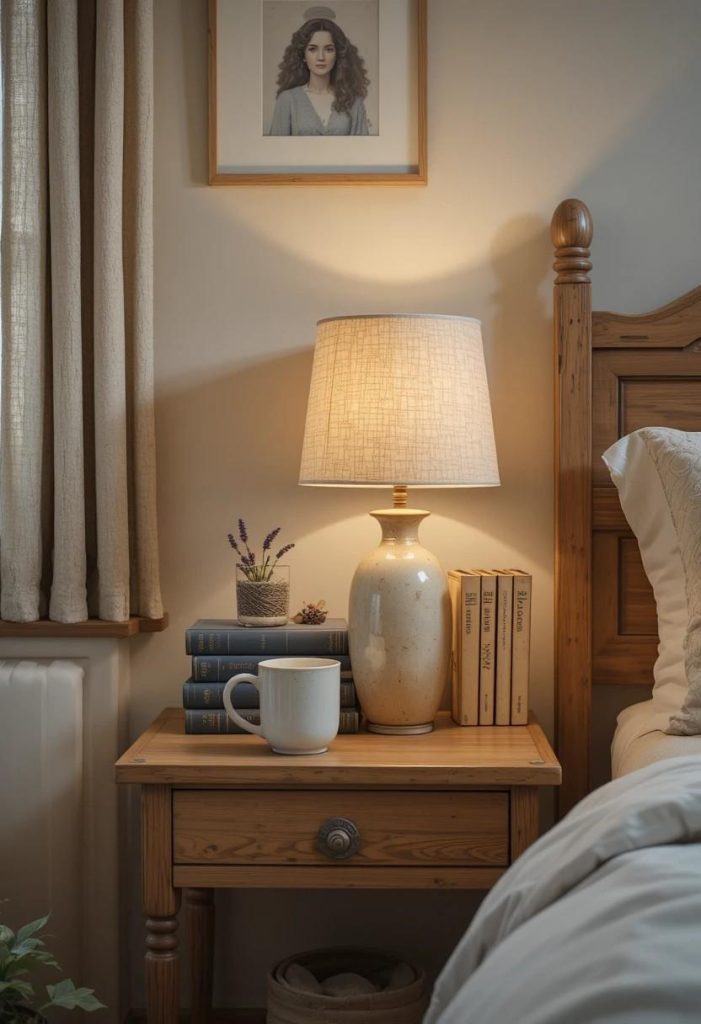 Styled cozy nightstand with warm lamp books mug and plant in small college bedroom
