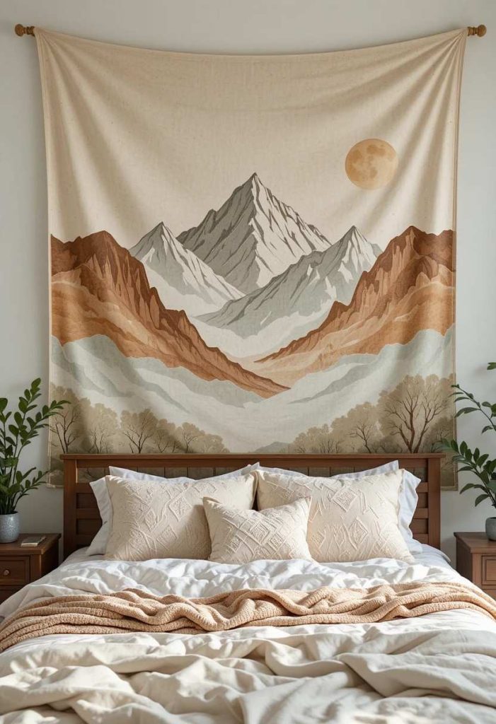 Affordable neutral boho tapestry above bed in aesthetic budget college bedroom