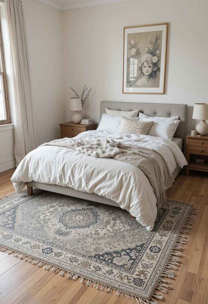 Large jute and patterned layered rugs under bed in college apartment bedroom