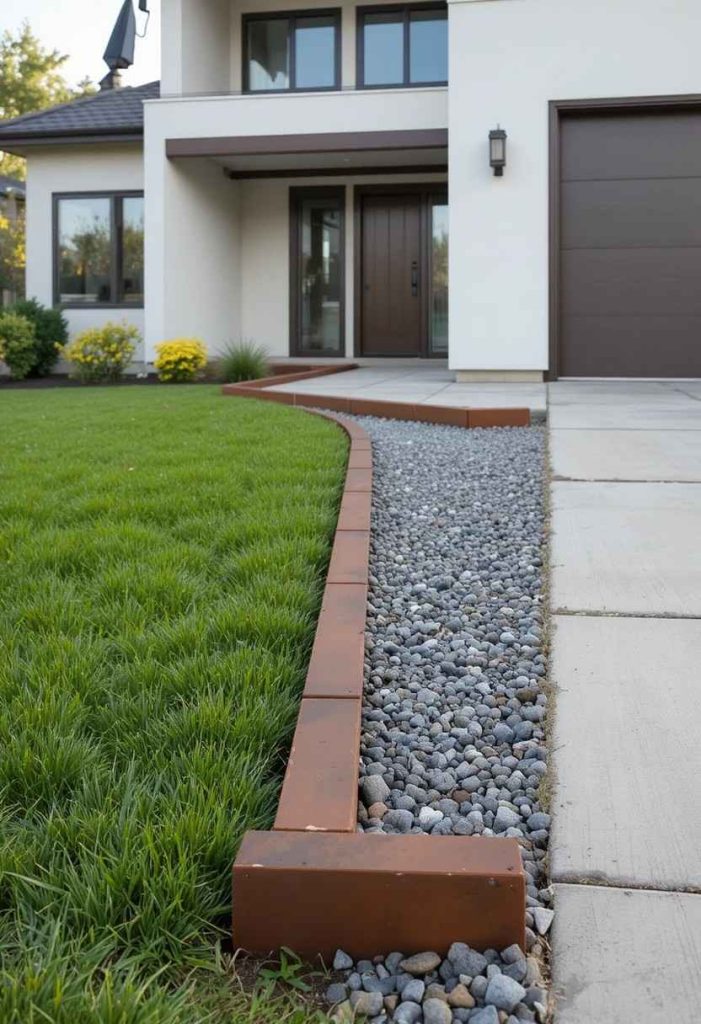Corten steel edging creating clean lines between lawn and gravel beds