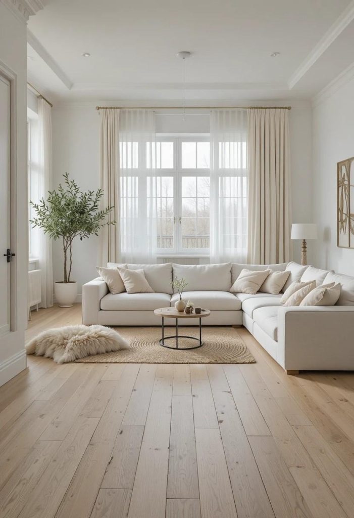 Pale oak floors and a layered jute rug grounding a Scandinavian living room with a white sectional and indoor olive tree.