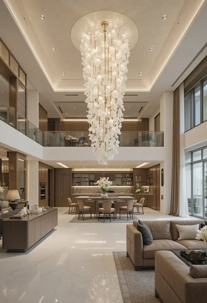 Open-concept home with statement lighting fixtures