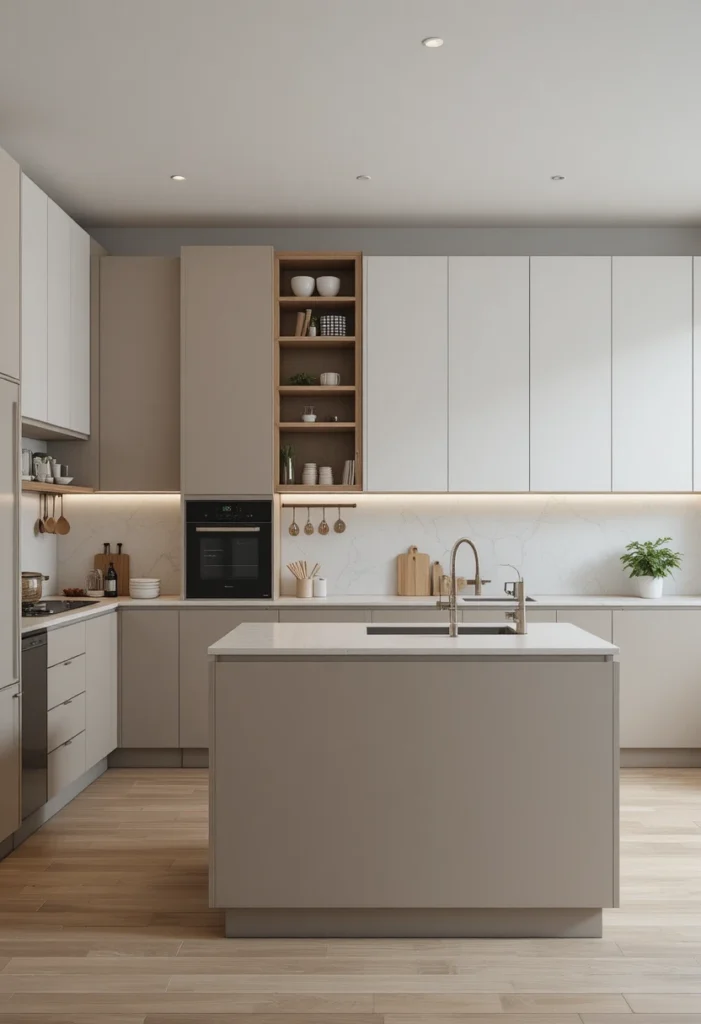 Minimalist U shaped kitchen with sleek island and clean design.