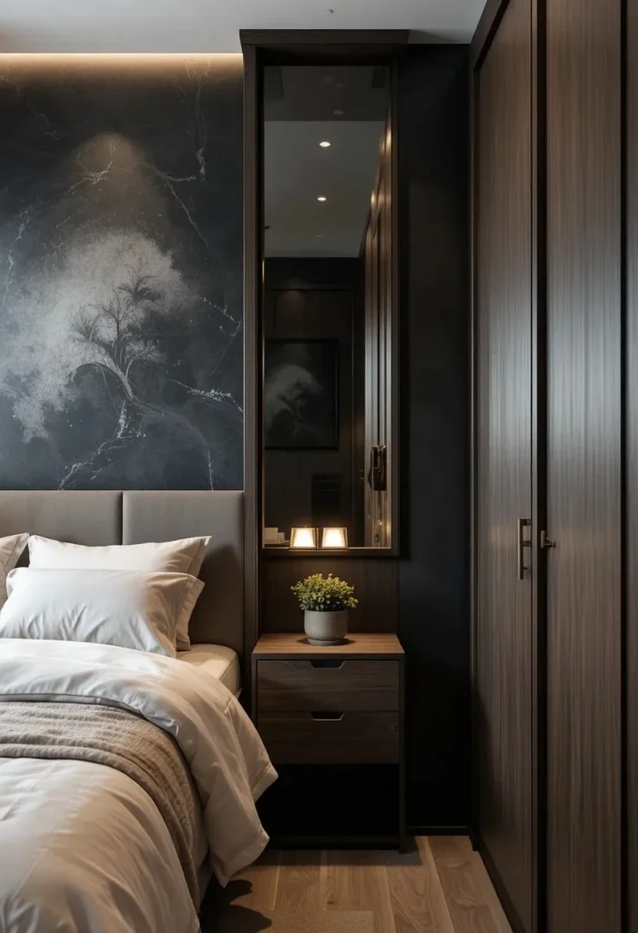 moody bedroom ideas for small spaces with dark accent wall and soft lighting