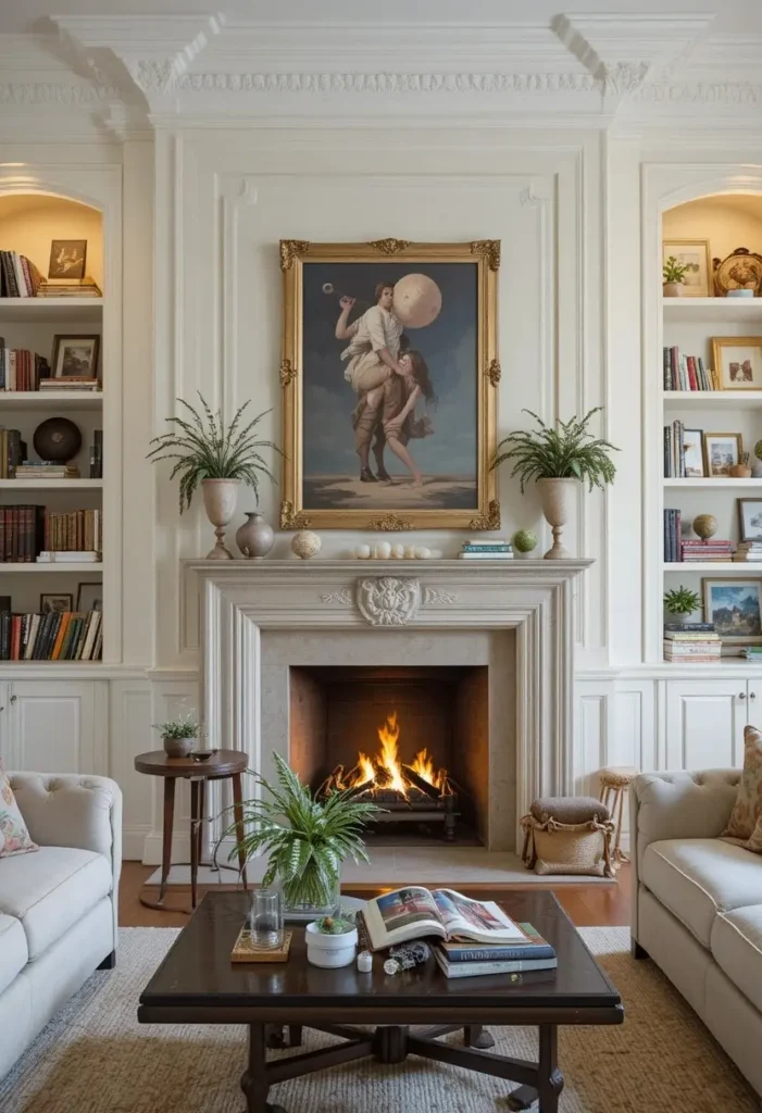 Fireplace with built-in shelves and cozy modern decor.