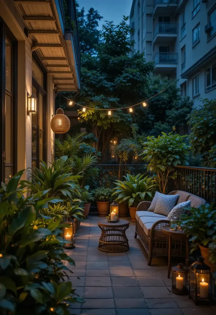balcony garden ideas with soft lantern lighting and cozy decor
