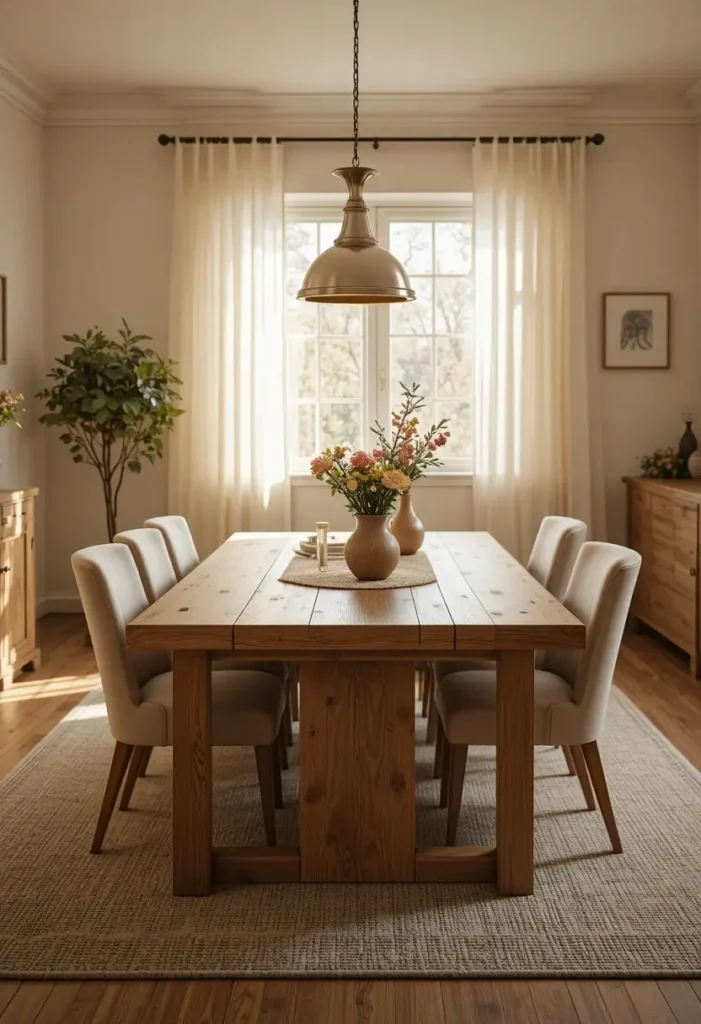Solid wood dining table with natural texture creating a warm and cozy dining room look