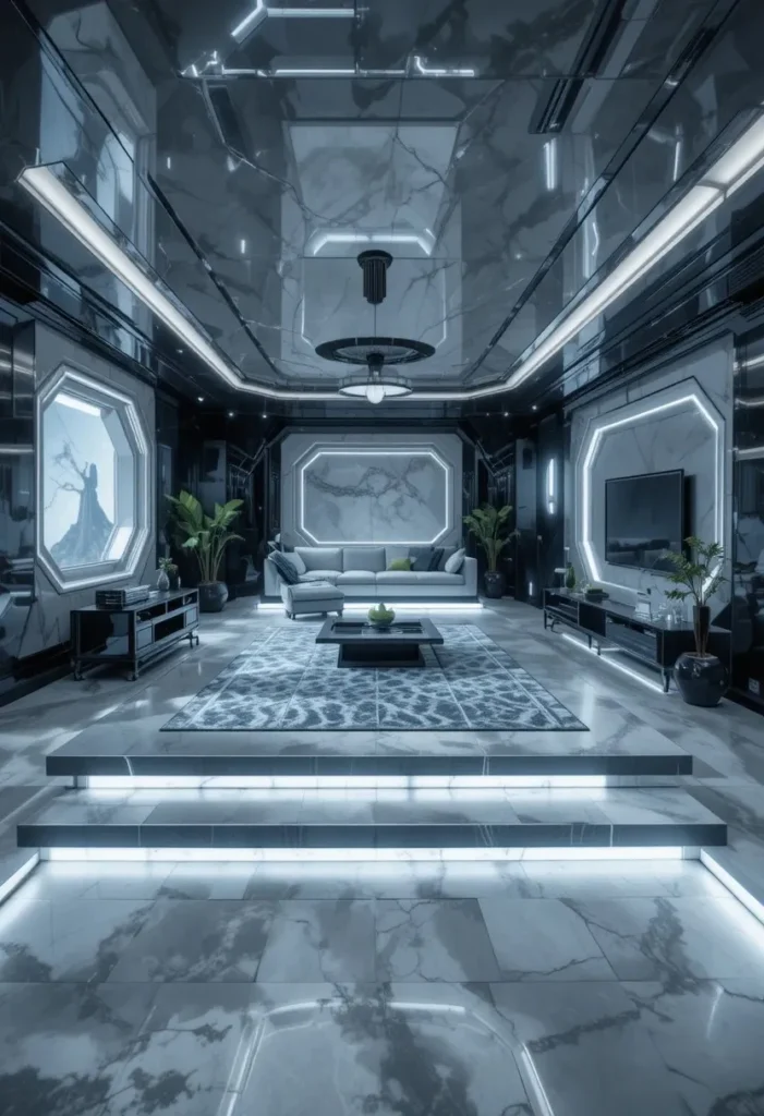 Ultra-modern LED sunken living room with sleek futuristic lighting.