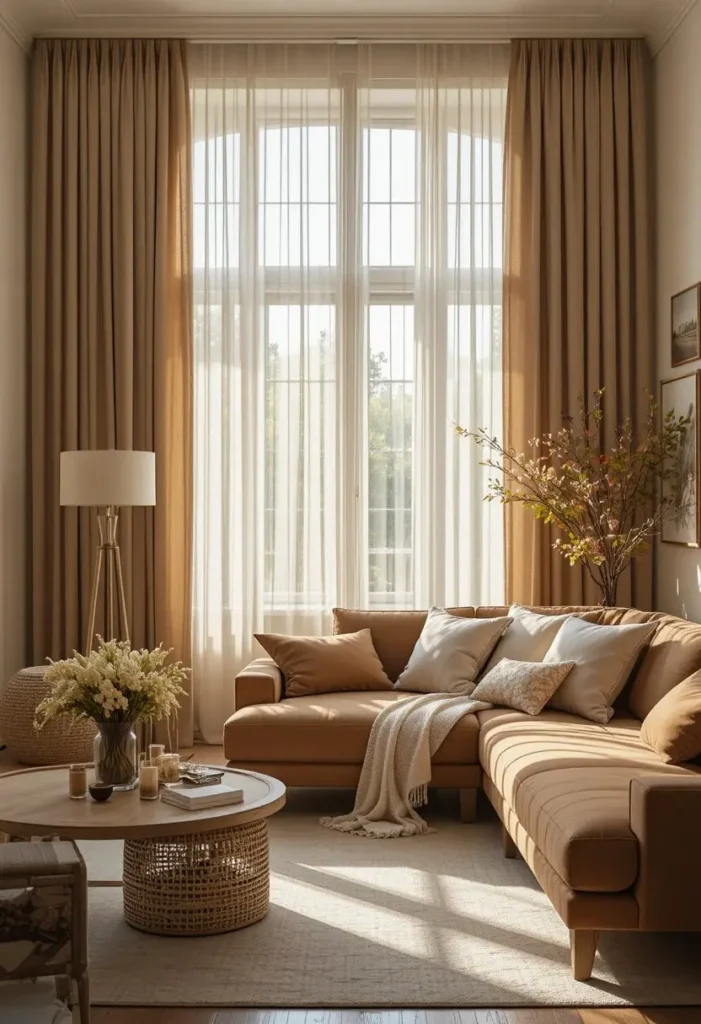 Brown couch with soft neutral curtains